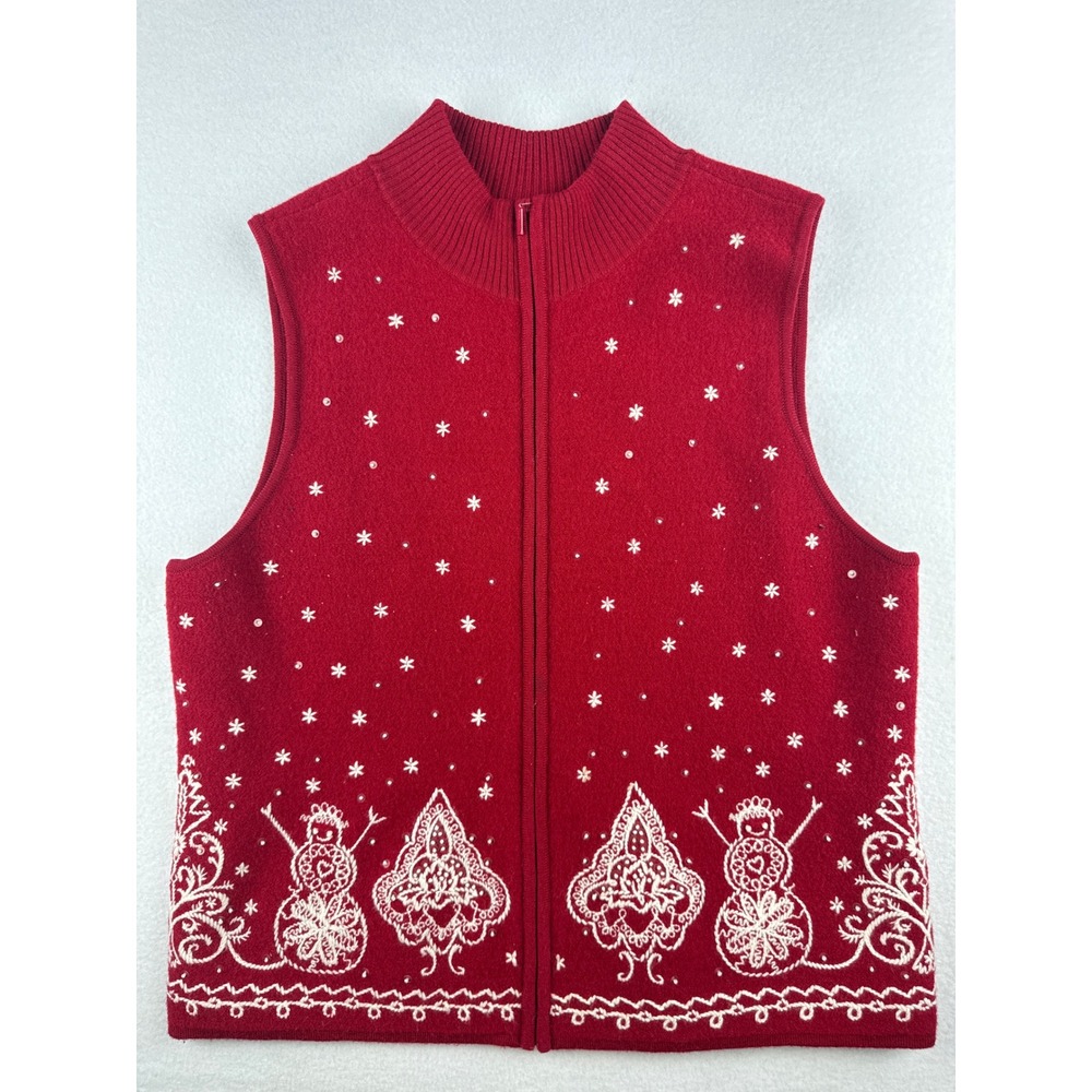 Talbots Petites L Red Merino Wool Snowman Embroidered Beaded Zip Sweater Vest